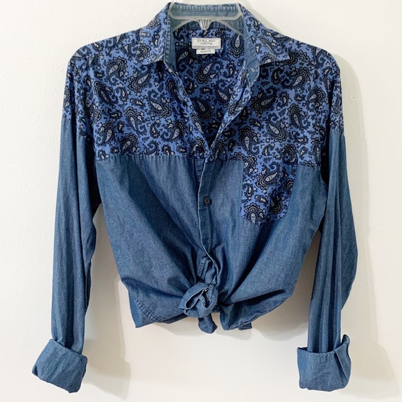 Zara Man Denim Couture Button Front Slim Fit Paisley Denim Shirt Pointed Collar - Picture 4 of 8